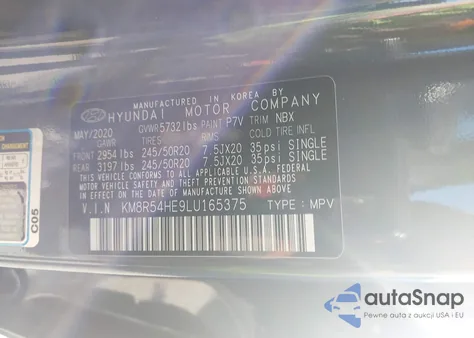 2020 Hyundai Palisade Limited z USA, uszkodzony, nr VIN KM8R54HE9LU165375